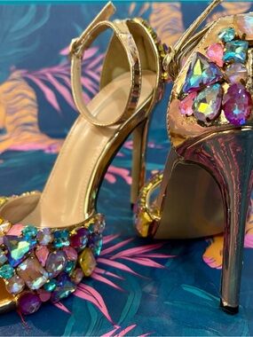 Gold Jeweled High Heel Sandals - Women